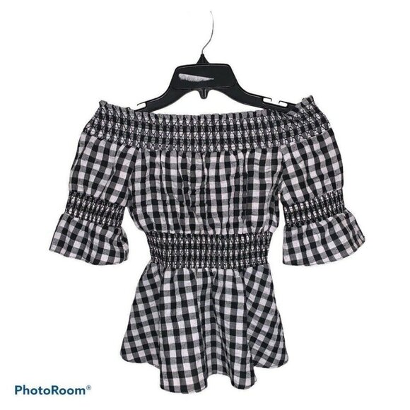 Urban outfitters checkered plaid crop top off the shoulder black white XS 1C - Picture 4 of 4